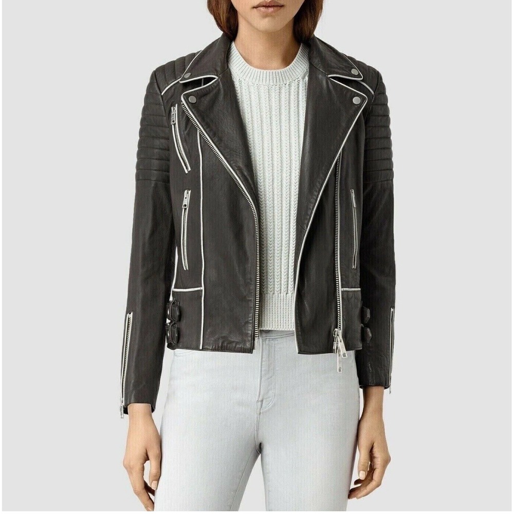 ALL SAINTS LEATHER MOTO BIXER PIPED BIKER JACKET‎ 2 GRAY SOFT ZIPPERS